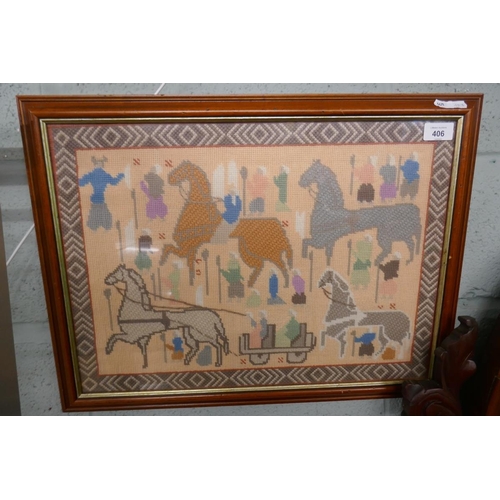 406 - Unusual wool work picture depicting stylised horses & riders