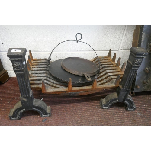 441 - Iron grate and fire dogs together with a skillet and pan