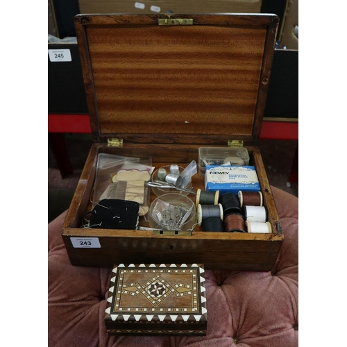 243 - Sewing box and contents together with a small inlaid box