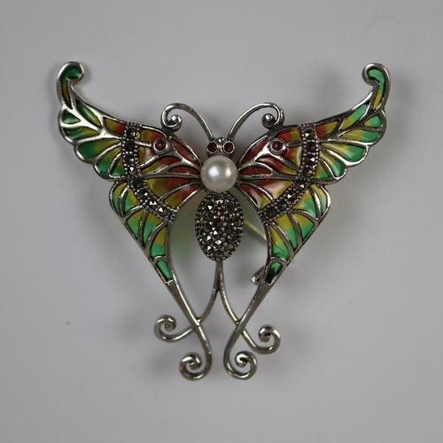 37 - Silver enamel butterfly brooch / pendent