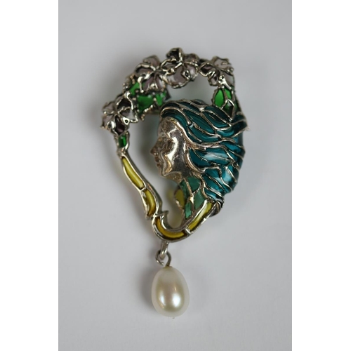 60 - Silver enamel pearl drop brooch