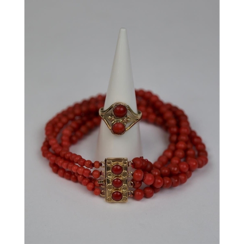 63 - Antique 14ct gold coral ring together with bracelet