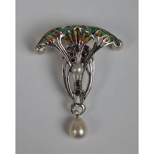 73 - Silver enamel pearl drop brooch/pendant