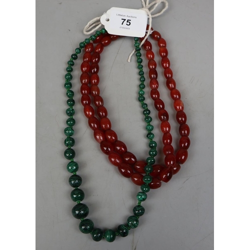 75 - 2 Carnelian necklaces one with 9ct gold clasp together with a Malachite necklace