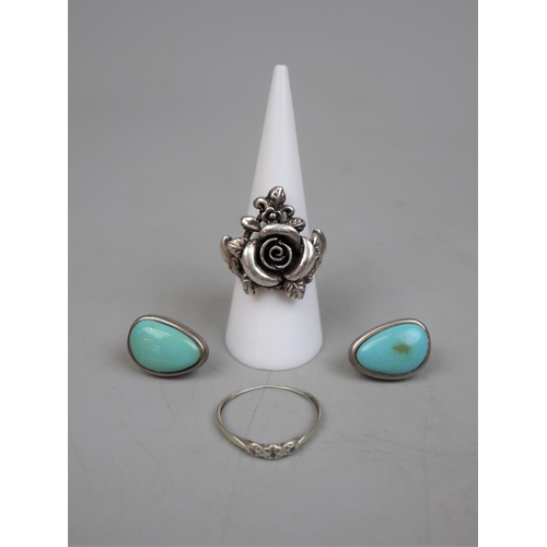 76 - 9ct gold diamond set ring together with a silver ring & silver earrings set with turquoise