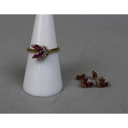 80 - 18ct gold ruby & diamond ring with matching earrings - Size M½