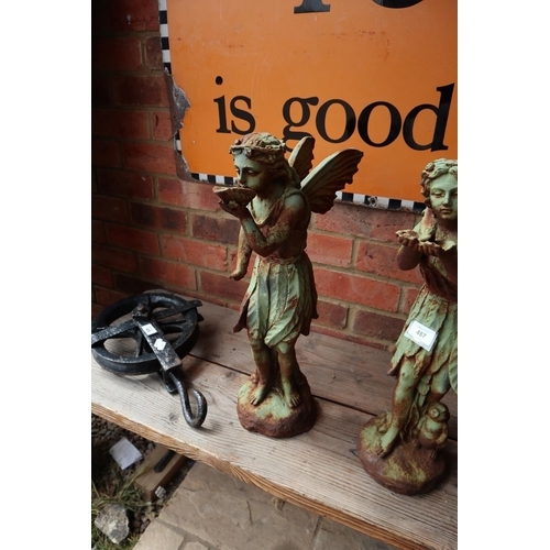 487 - 3 cast iron fairy figures - Approx height of tallest 52cm