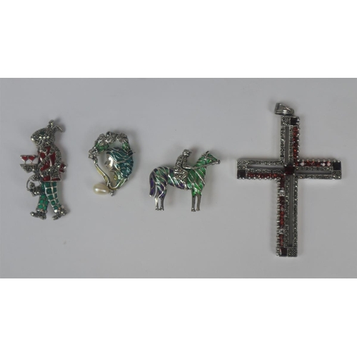 110 - Silver marcasite crucifix set with garnets together with 3 silver and enamel brooches/pendants