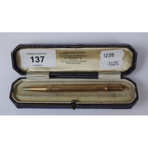 137 - 9ct gold pencil in original box - Approx gross weight: 20.63g