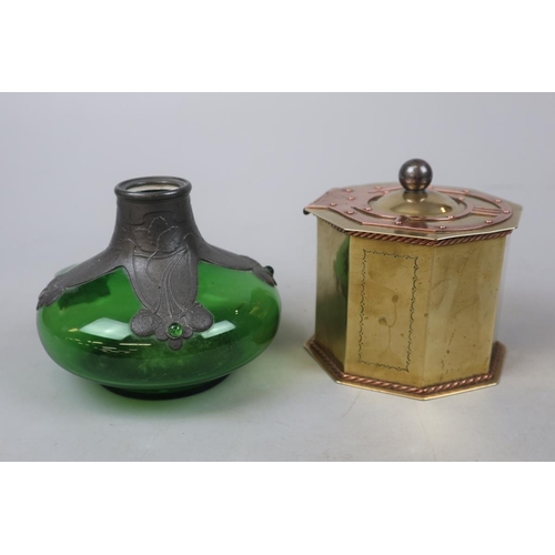 146 - Art Deco brass & copper tea caddy together with a green glass & pewter vase