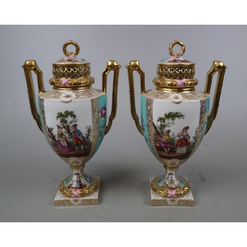 180 - A pair of late C19th Dresden Helena Wolfsohn porcelain urn shaped vases with lids with large painted... 