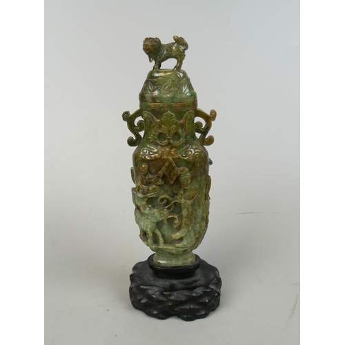 220 - Antique Chinese nephrite carved twin handled vase profusely decorated throughout - jade stone mottle... 