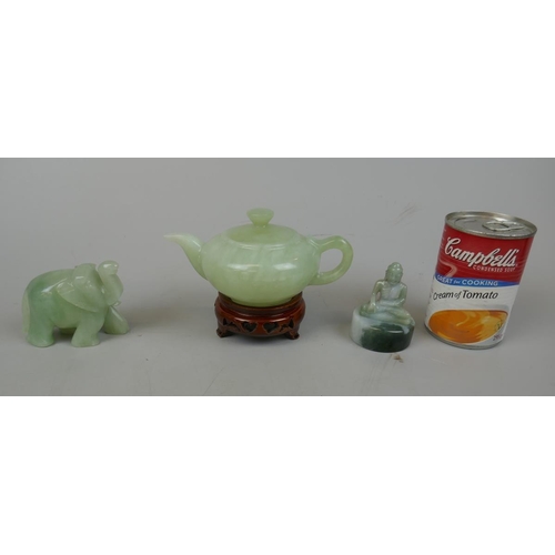 222 - Selection of jade ornaments to include teapot, elephant and Buddha