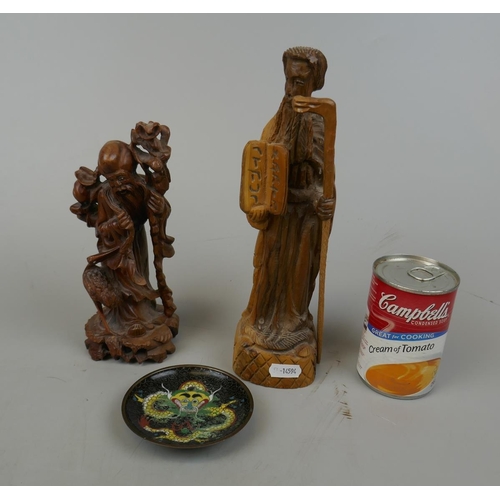 226 - 2 carved oriental gentlemen together with a Cloisonné dish