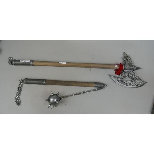 235 - Reproduction ball and chain mace together with a reproduction fighting axe