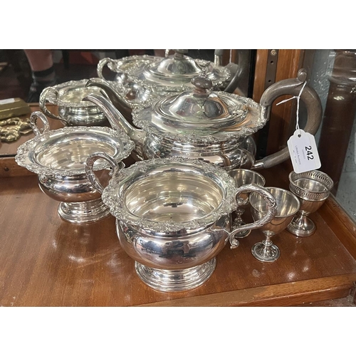 242 - Silver plated tea set and egg cups