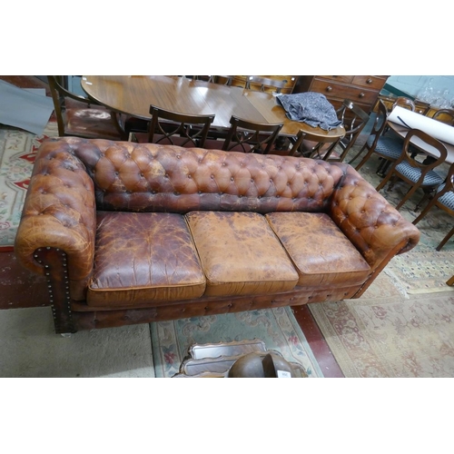 360 - Distressed tan leather 3 seater Chesterfield