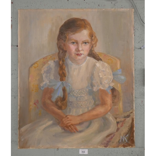 364 - Oil on canvas of a young girl signed NK - Image size: 51cm x 61cm