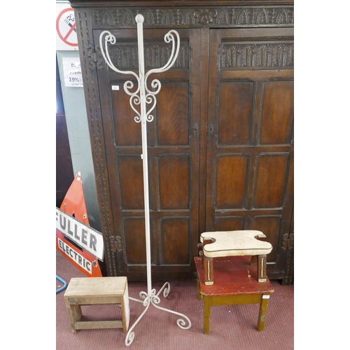 377 - Painted metal hat and coat stand, painted wooden stool, camel stool and a rustic stool