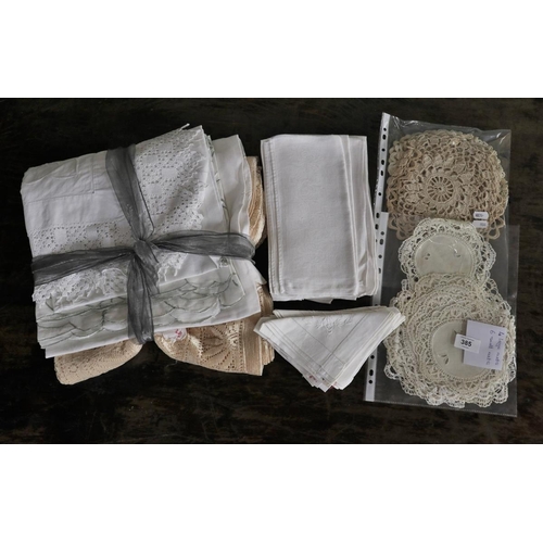 385 - 5 embroidered and lace table clothes, 6 damask serviettes, 4 small embroidered serviettes together w... 