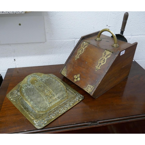 411 - Brass bound coal scuttle together with a brass wall mounted magazine rack