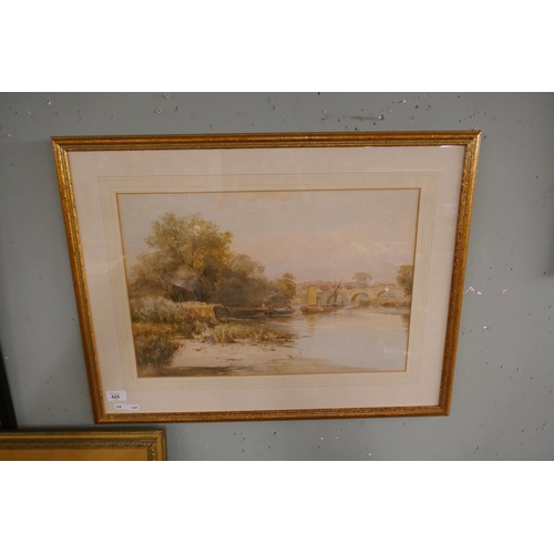 425 - Watercolour by John Varley - Barges and river scene - Image size: 52cm x 35cm