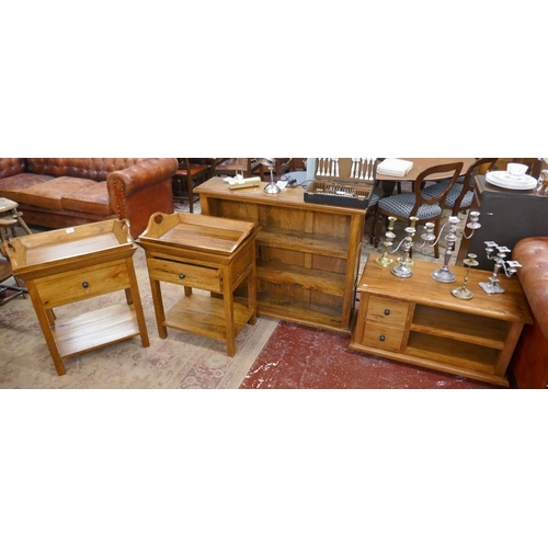 441 - Pair of hardwood side tables with removable trays together with matching bookcase and tv cabinet