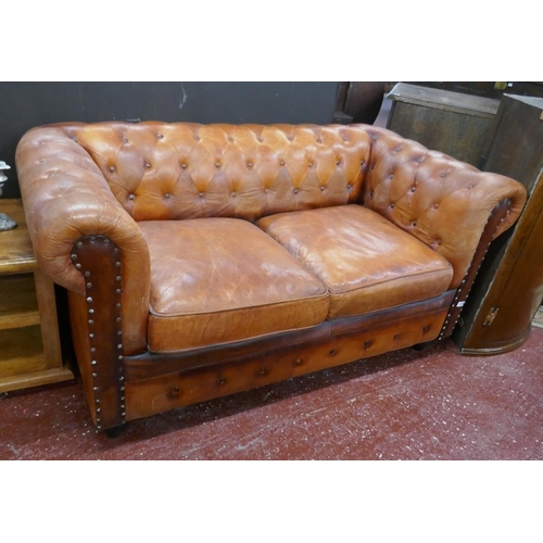 446 - Distressed tan leather 2 seater Chesterfield 