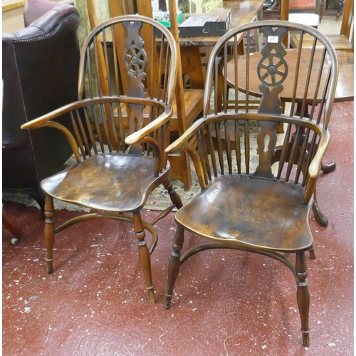 455 - Pair of elm seated wheelback chairs with crinoline stretchers