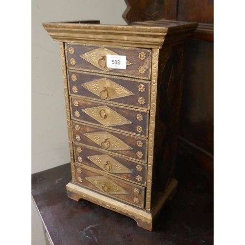 508 - Small brass bound chest of 6 drawers