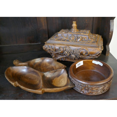 509 - Collection of wooden items to include a sarcophagus shaped casket