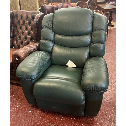 537 - Green leather Lay-Z-Boy reclining arm chair with built in phone & fridge