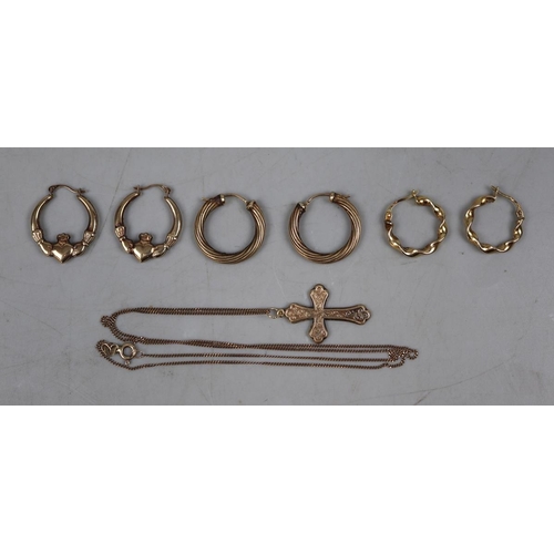 74 - 3 pairs of 9ct gold earrings together with 9ct gold cross and chain approx 5.5g