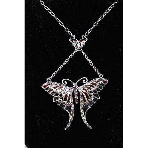 76 - Silver enamel butterfly pendent on chain