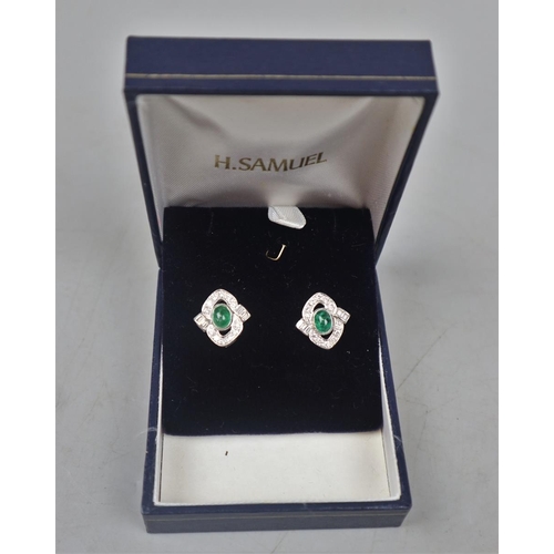 87 - Fine pair of 18ct white gold cabocheon emerald & diamond earrings