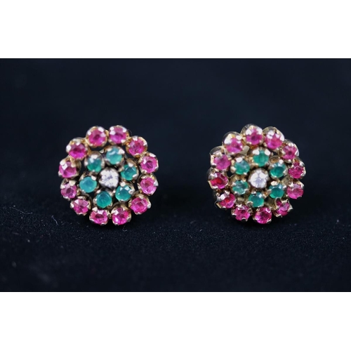 90 - Pair of emerald, ruby & white sapphire set earrings