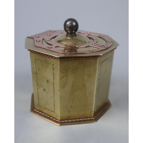 146 - Art Deco brass & copper tea caddy together with a green glass & pewter vase