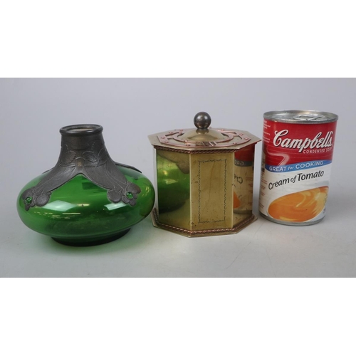 146 - Art Deco brass & copper tea caddy together with a green glass & pewter vase