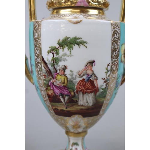 180 - A pair of late C19th Dresden Helena Wolfsohn porcelain urn shaped vases with lids with large painted... 