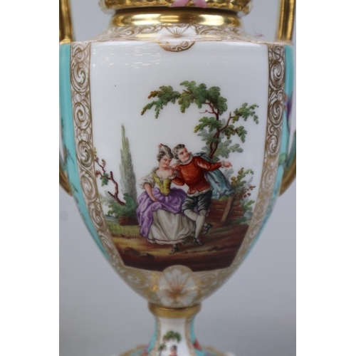 180 - A pair of late C19th Dresden Helena Wolfsohn porcelain urn shaped vases with lids with large painted... 