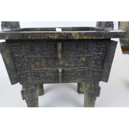 216 - Rare large Chinese twin handled archaic bronze rectangular ritual food vessel fang ding. Probably la... 