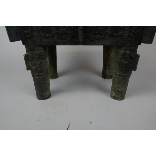 216 - Rare large Chinese twin handled archaic bronze rectangular ritual food vessel fang ding. Probably la... 