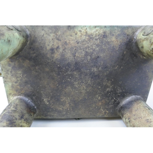 216 - Rare large Chinese twin handled archaic bronze rectangular ritual food vessel fang ding. Probably la... 