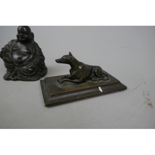 219 - Antique bronze dog together with bronzed Buddha