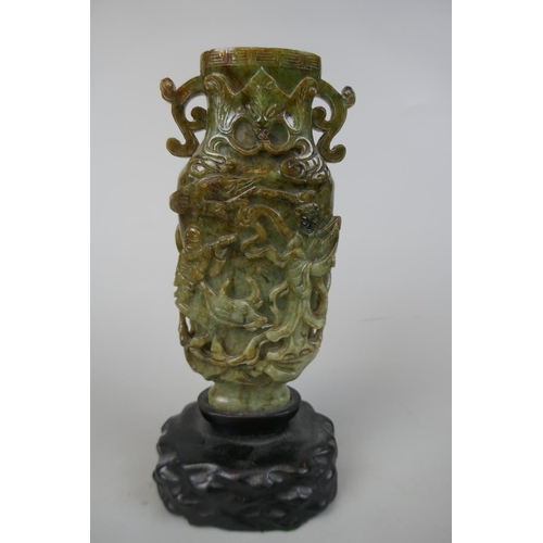 220 - Antique Chinese nephrite carved twin handled vase profusely decorated throughout - jade stone mottle... 