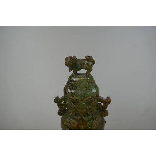 220 - Antique Chinese nephrite carved twin handled vase profusely decorated throughout - jade stone mottle... 