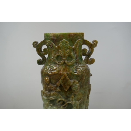 220 - Antique Chinese nephrite carved twin handled vase profusely decorated throughout - jade stone mottle... 