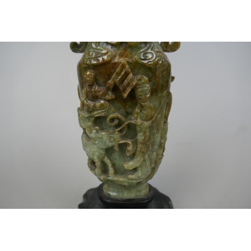 220 - Antique Chinese nephrite carved twin handled vase profusely decorated throughout - jade stone mottle... 