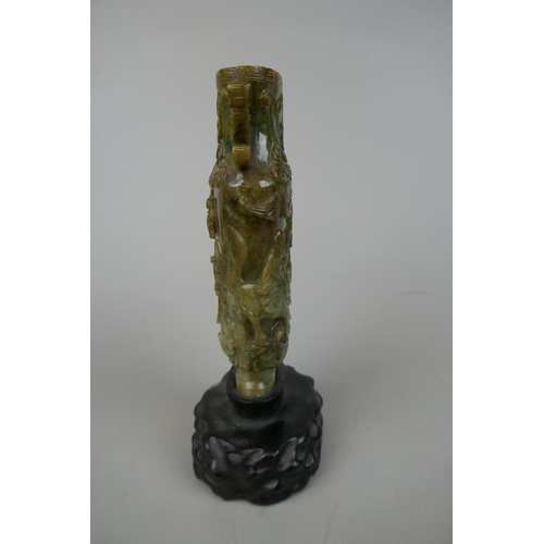 220 - Antique Chinese nephrite carved twin handled vase profusely decorated throughout - jade stone mottle... 