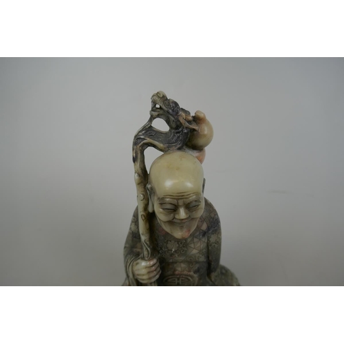 223 - Chinese carved soapstone figure of a Lohan seated holding a dragon - late Qing early republic - Appr... 